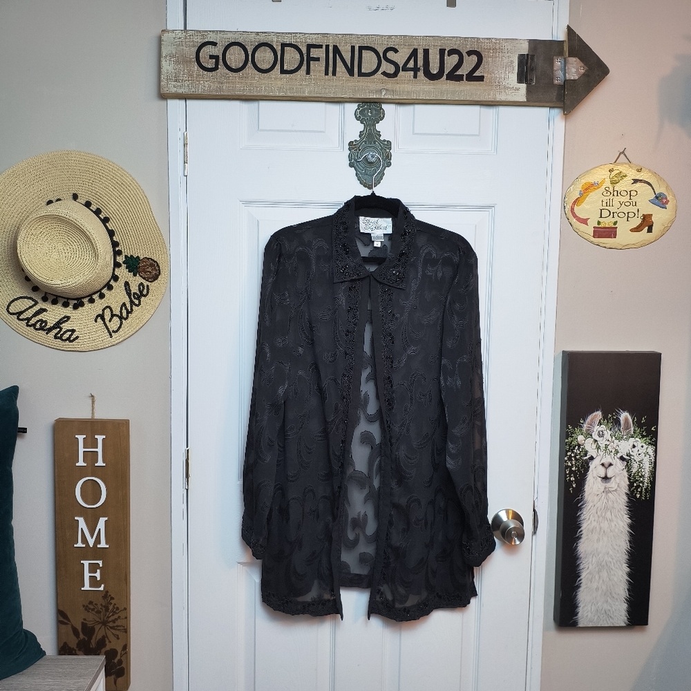Vtg Sarah Elizabeth black applique fairy goddess Sheer Open front cardigan 14